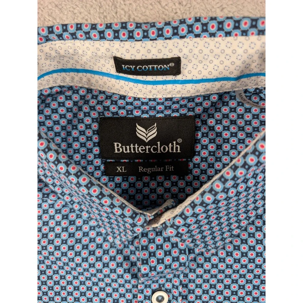 Buttercloth Icy Cotton Mens XL Regular Fit Blue Geometric Short Sleeve Shirt - Picture 3 of 8